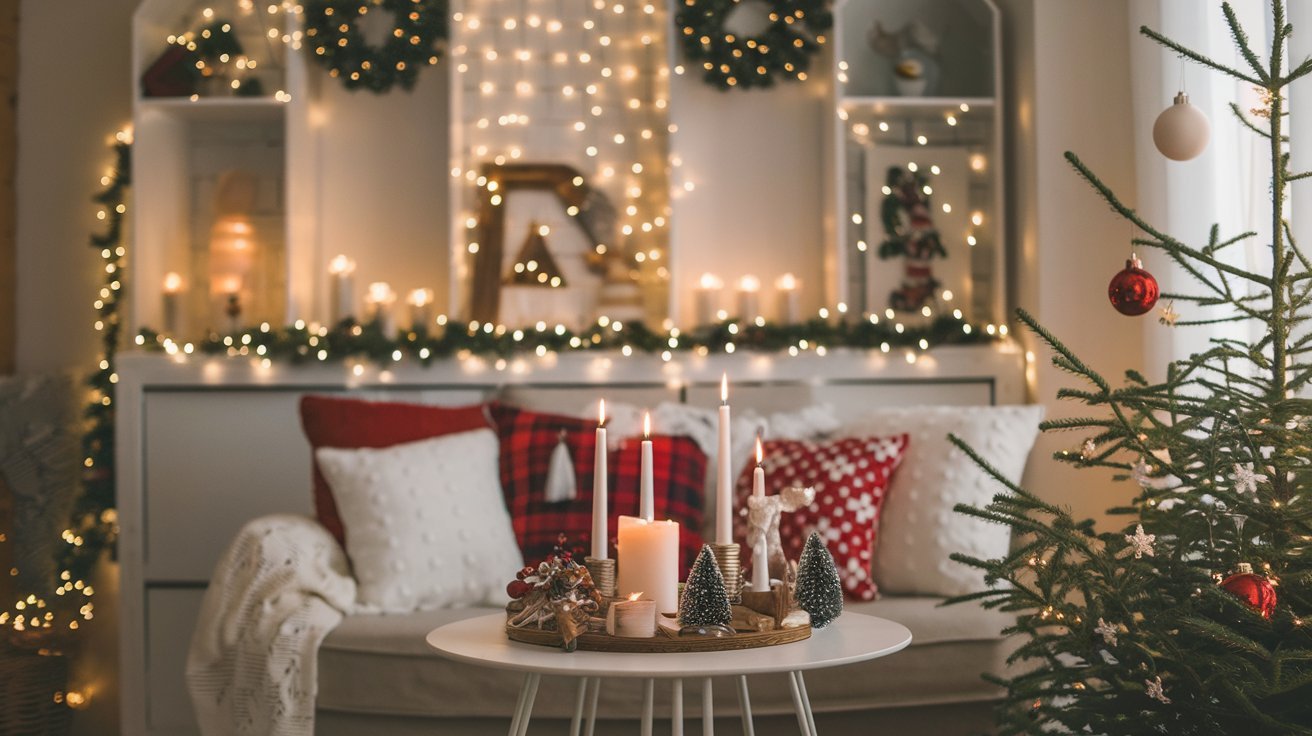 a photo of a cozy festive Christmas living room apartment