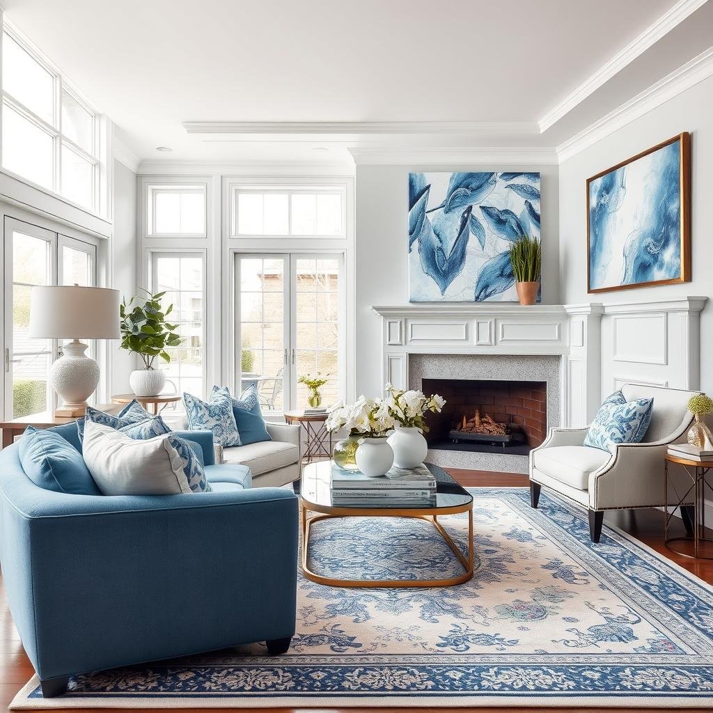 Blue and White Living Room Design