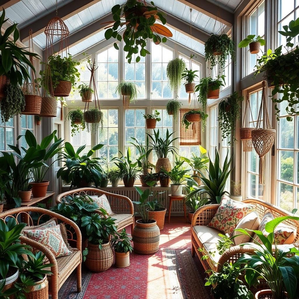 Bohemian sunroom design with indoor plants