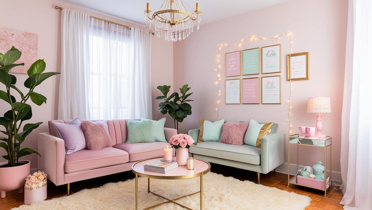 apartment living space soft pastel girly vibes